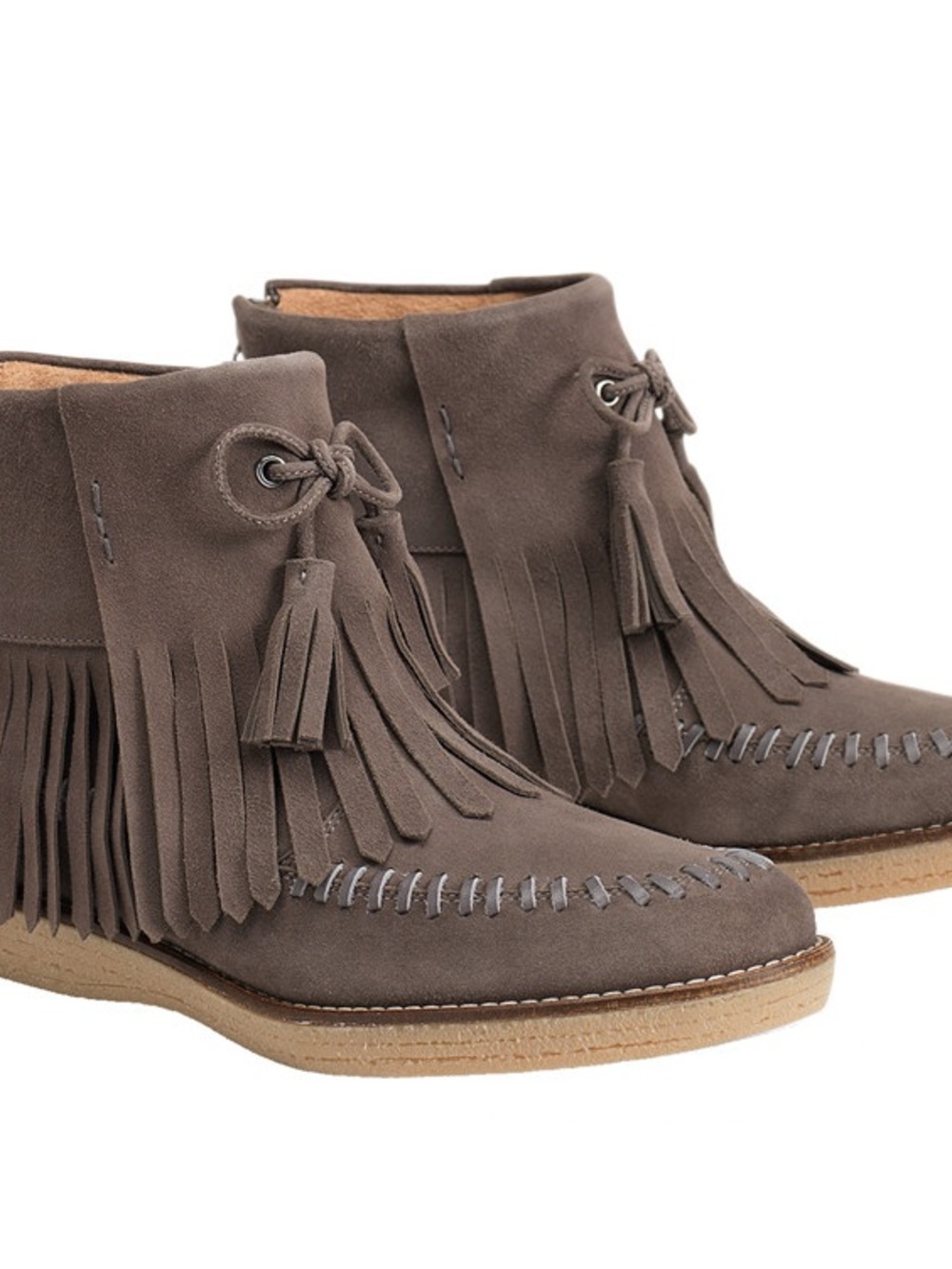 Trask Taupe Suede Fringe Moccasin Boots